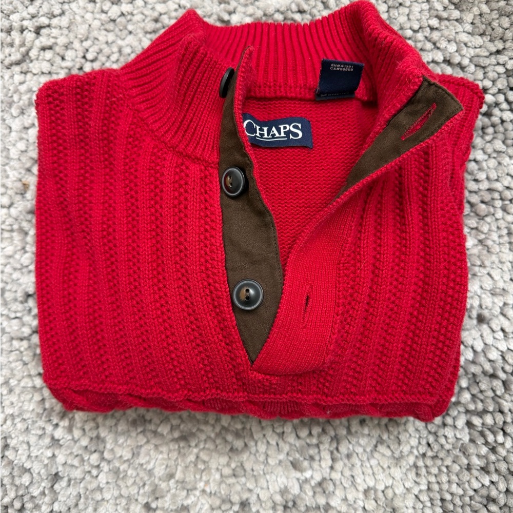Chaps Men's Vibrant Red‎ Cord Sweater with Brown Detailing